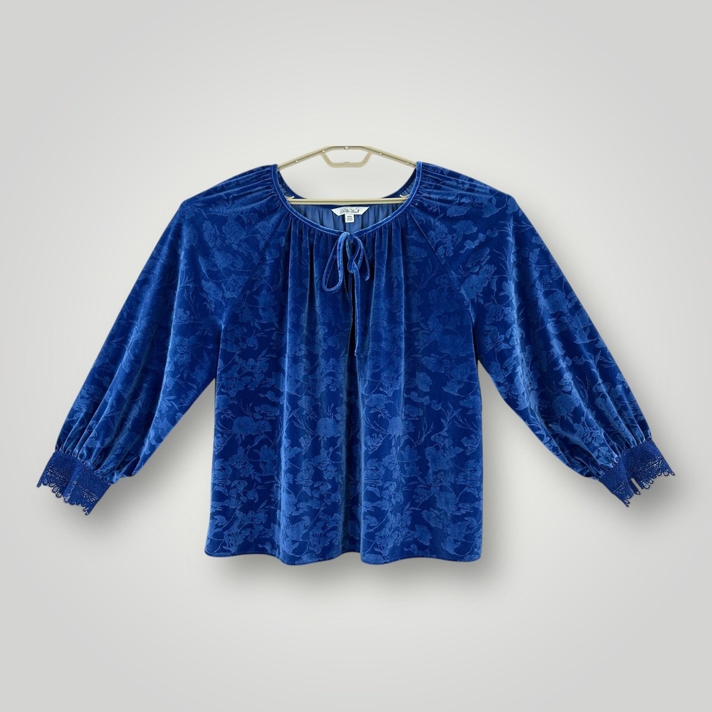The Pioneer‎ Woman Velvet Tunic Top Womens XXXL Plus Blue Floral Balloon Sleeve